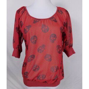 Red Semi-Sheer Skull Print Blouse Womens S Back Zipper & 3/4 Sleeves